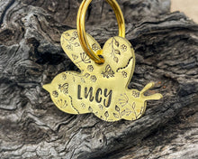 Load image into Gallery viewer, Bee dog id tag, bee shaped pet tag, hand stamped with flowers
