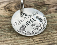 Load image into Gallery viewer, Ocean dog tag &amp; matching keychain, hand stamped dog lover gift with nautical design

