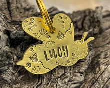 Load image into Gallery viewer, Bee dog id tag, bee shaped pet tag, hand stamped with flowers
