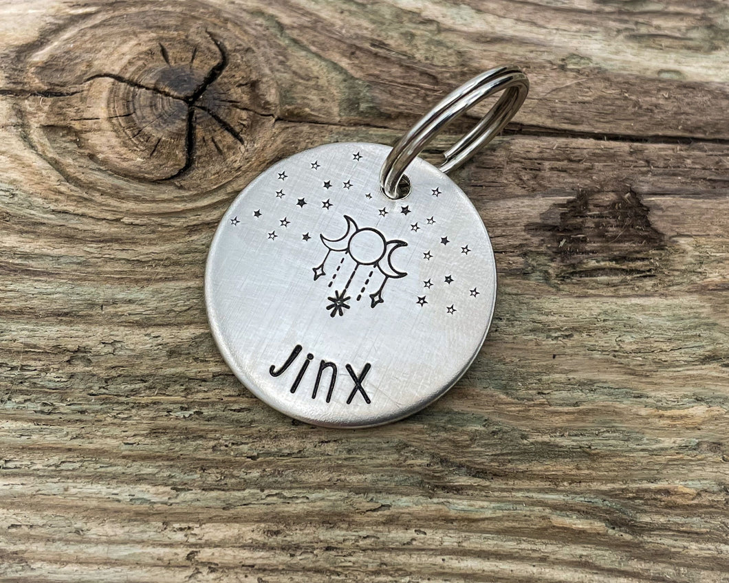 Dog id tag, hand stamped with magic moon & star design