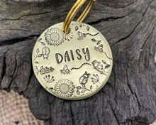 Load image into Gallery viewer, Flower dog tag, hand stamped pet id tag with cute flower and bee design
