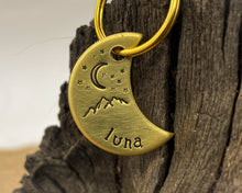 Load image into Gallery viewer, Moon cat tag, mini moon pet id tag with mountain and star design
