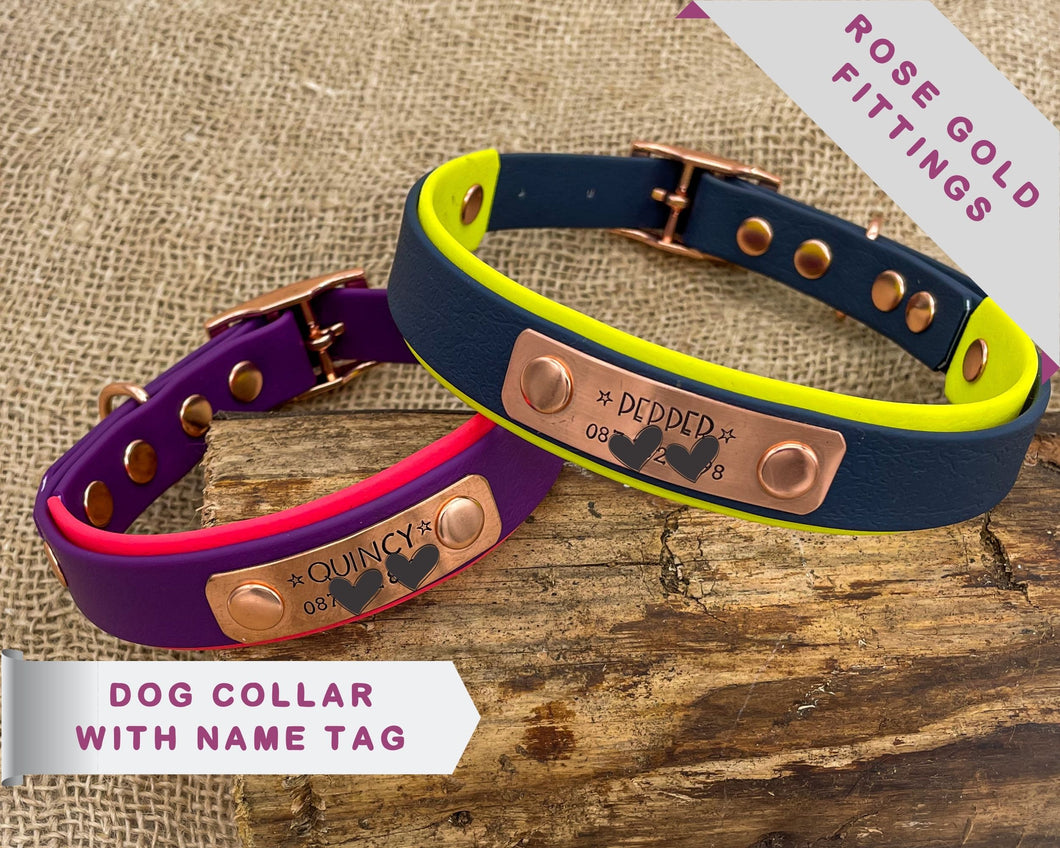 Mud-proof dog collar with name plate and rose gold buckle, 2-colored