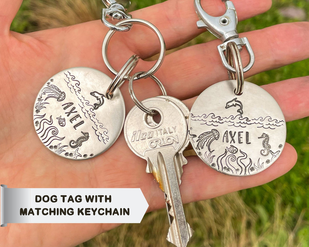 Ocean dog tag & matching keychain, hand stamped dog lover gift with nautical design