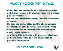 Load image into Gallery viewer, Spooky coffin dog id tag with skeleton hands, double-sided pet id tag with 2 phone numbers
