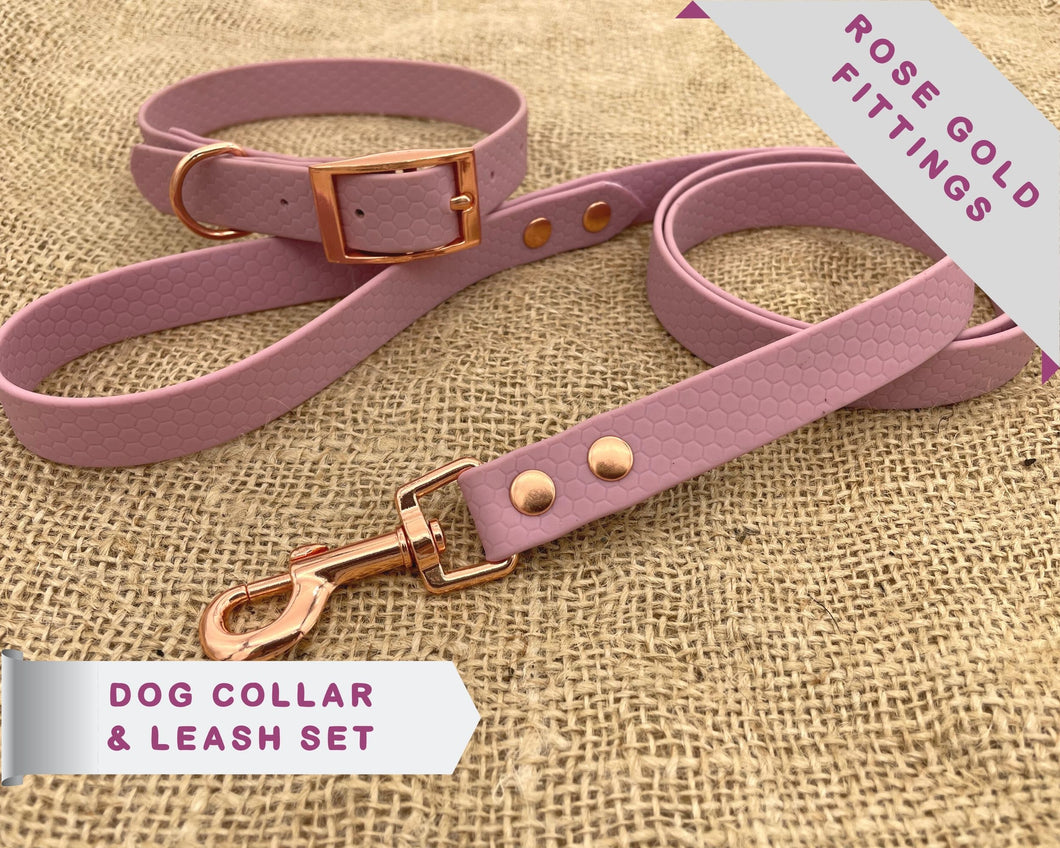 Deluxe mud-proof dog collar and leash set with rose gold fittings - choose your size & color