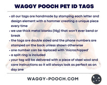 Load image into Gallery viewer, Small cute dog id tag with dino design, handstamped pet id tag with up to 2 phone numbers or microchipped
