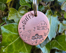 Load image into Gallery viewer, Dog id tag, hand stamped with sheep, pickup truck and barn shed
