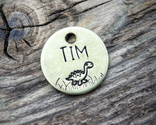 Load image into Gallery viewer, Cat name tag, hand stamped with cute dino
