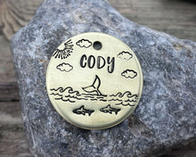 Load image into Gallery viewer, Dog id tag, hand stamped with ocean design, whale &amp; sharks

