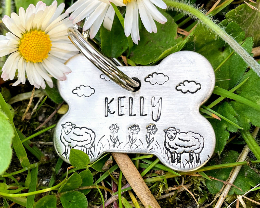 Bone dog id tag, handstamped with flowers and sheep