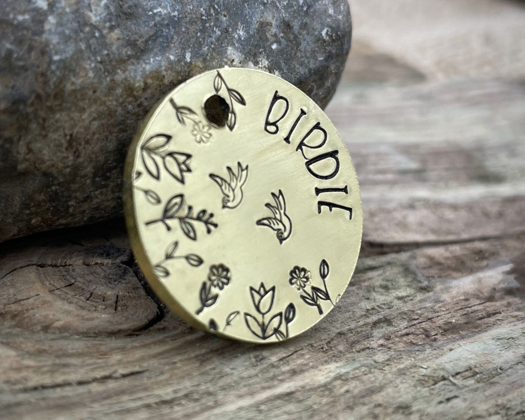 Small dog id tag, hand stamped with flower design & birds