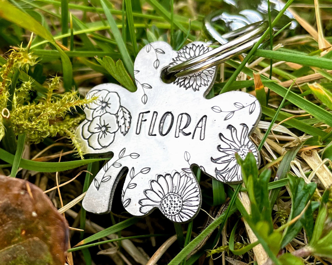 Shamrock dog tag, hand stamped with flower design