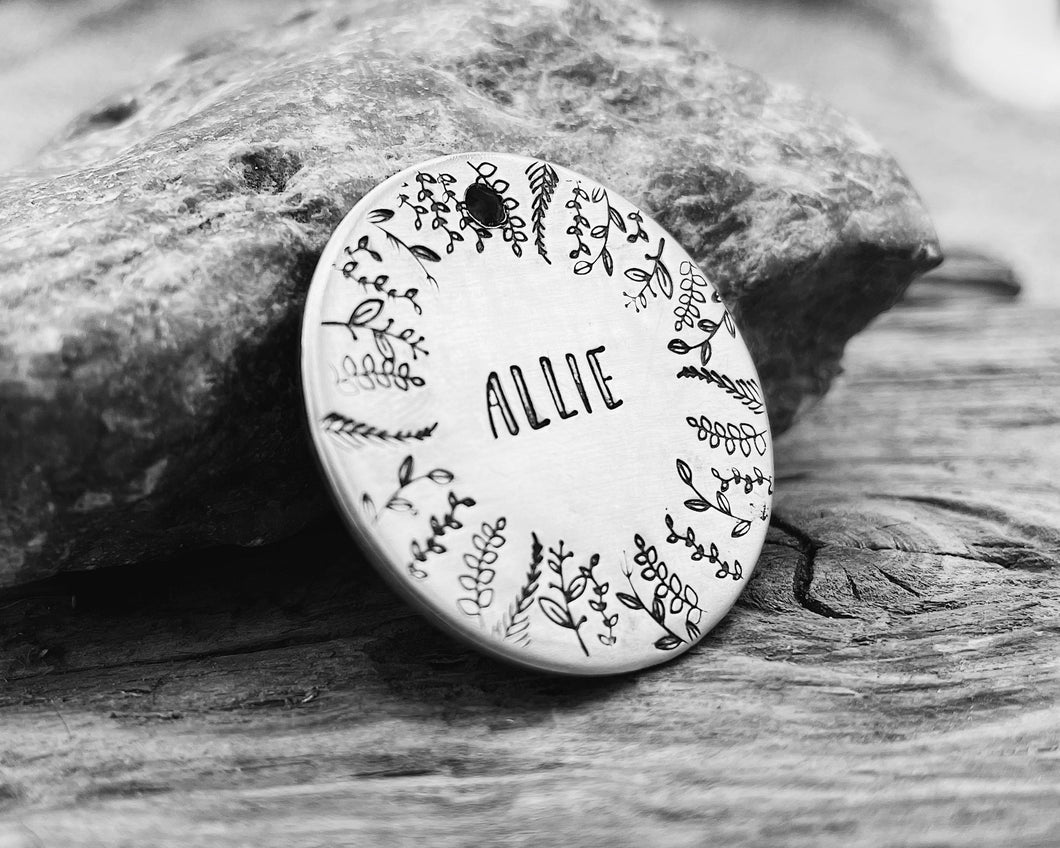 Large dog id tag, hand stamped with leaf design