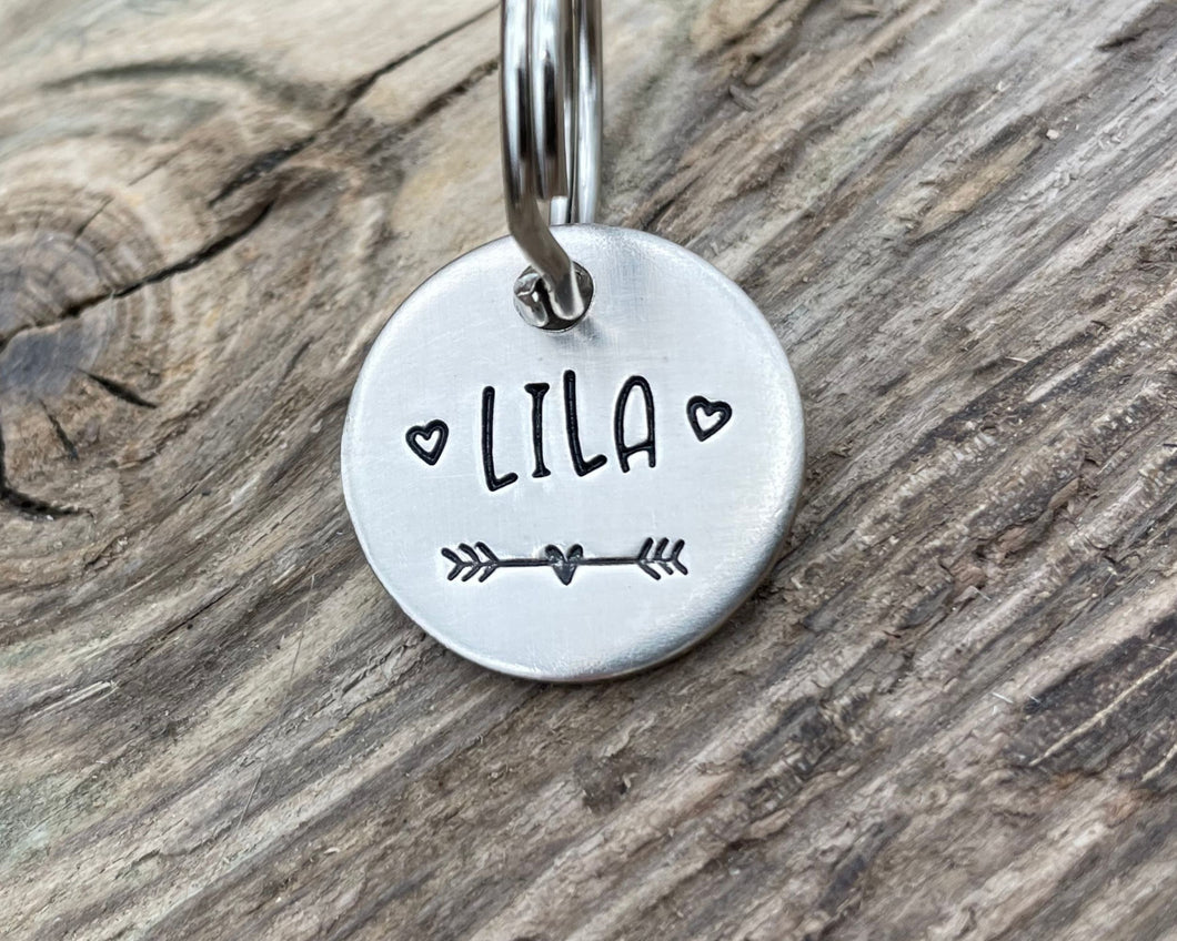 Cat name tag, hand stamped with hearts