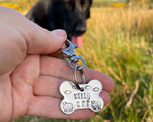 Load image into Gallery viewer, Bone dog id tag, handstamped with flowers and sheep
