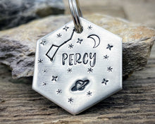 Load image into Gallery viewer, Hexagon dog tag, hand stamped with galaxy design, saturn, moon &amp; stars
