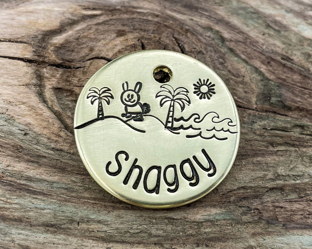 Small dog id tag, hand stamped with bunny and palm trees