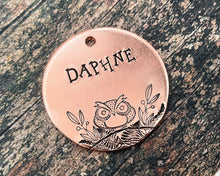 Load image into Gallery viewer, Large dog id tag, hand stamped with grumpy owl
