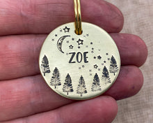 Load image into Gallery viewer, Tree dog tag, hand-stamped with moon and stars
