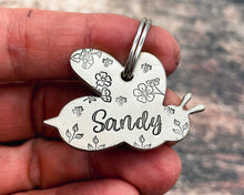 Load image into Gallery viewer, Bee dog id tag, bee shaped pet tag double-sided with phone number, hand stamped with flowers and bees
