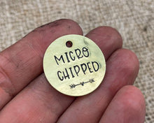 Load image into Gallery viewer, Microchipped dog tag, hand stamped with crown and phone number

