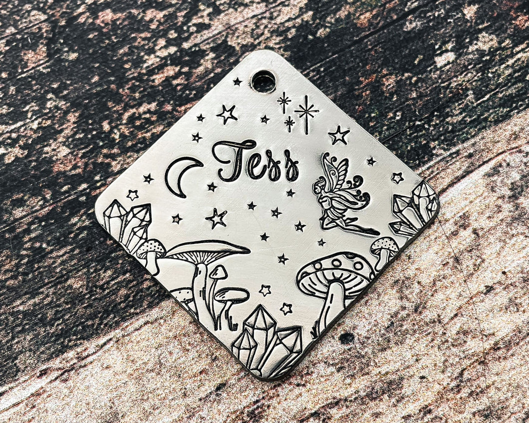 fairy dog tag with mushrooms and crystals