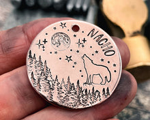 Load image into Gallery viewer, Wolf dog id tag with moon and stars, adventure pet id tag, double-sided pet tag with up to 2 phone numbers
