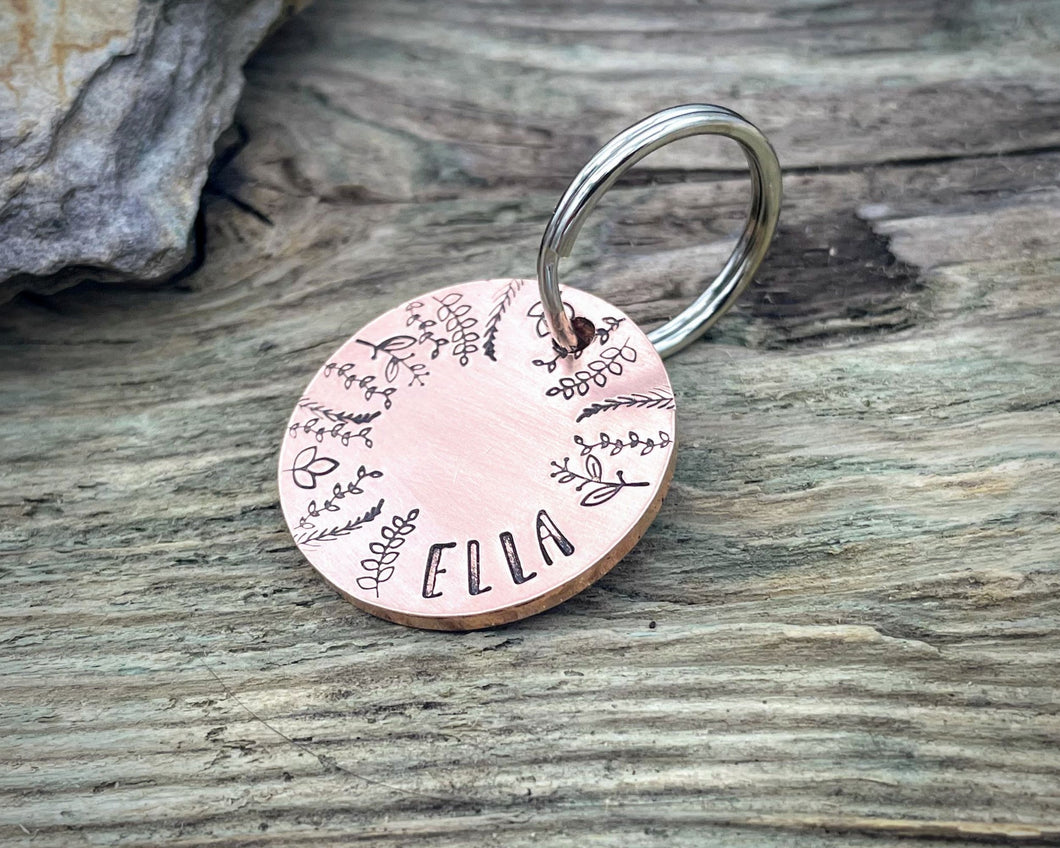Small pet id tag, hand stamped with leaf border design