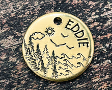 Load image into Gallery viewer, small metal dog id tag with lake and tree design
