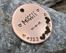 Load image into Gallery viewer, Dog id tag, hand stamped with phone number &amp; hearts

