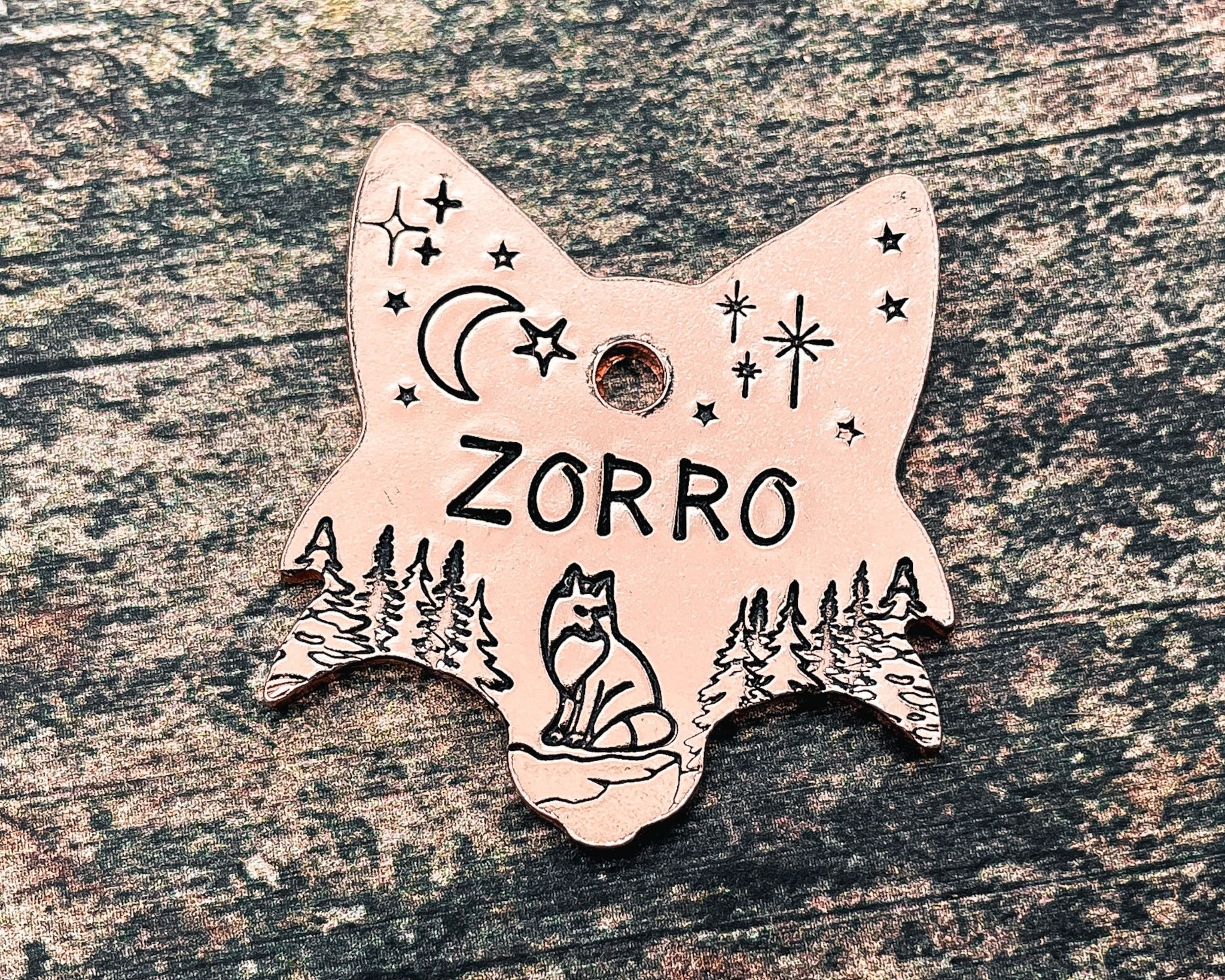 Fox head dog id tag with fox and trees, double-sided pet id tag