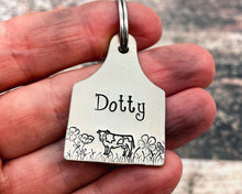 Load image into Gallery viewer, Custom dog id tag, cow ear tag, hand stamped pet id tag with cute cow and flower design
