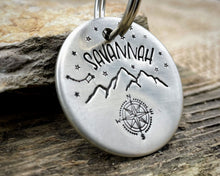 Load image into Gallery viewer, Dog id tag, hand stamped with compass, mountains &amp; star design
