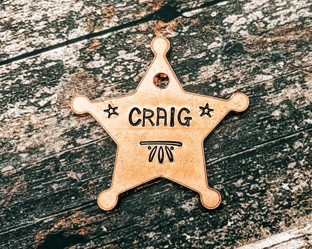 Sheriff Star dog tag, hand-stamped double-sided metal dog tag with stars, 2 phone numbers