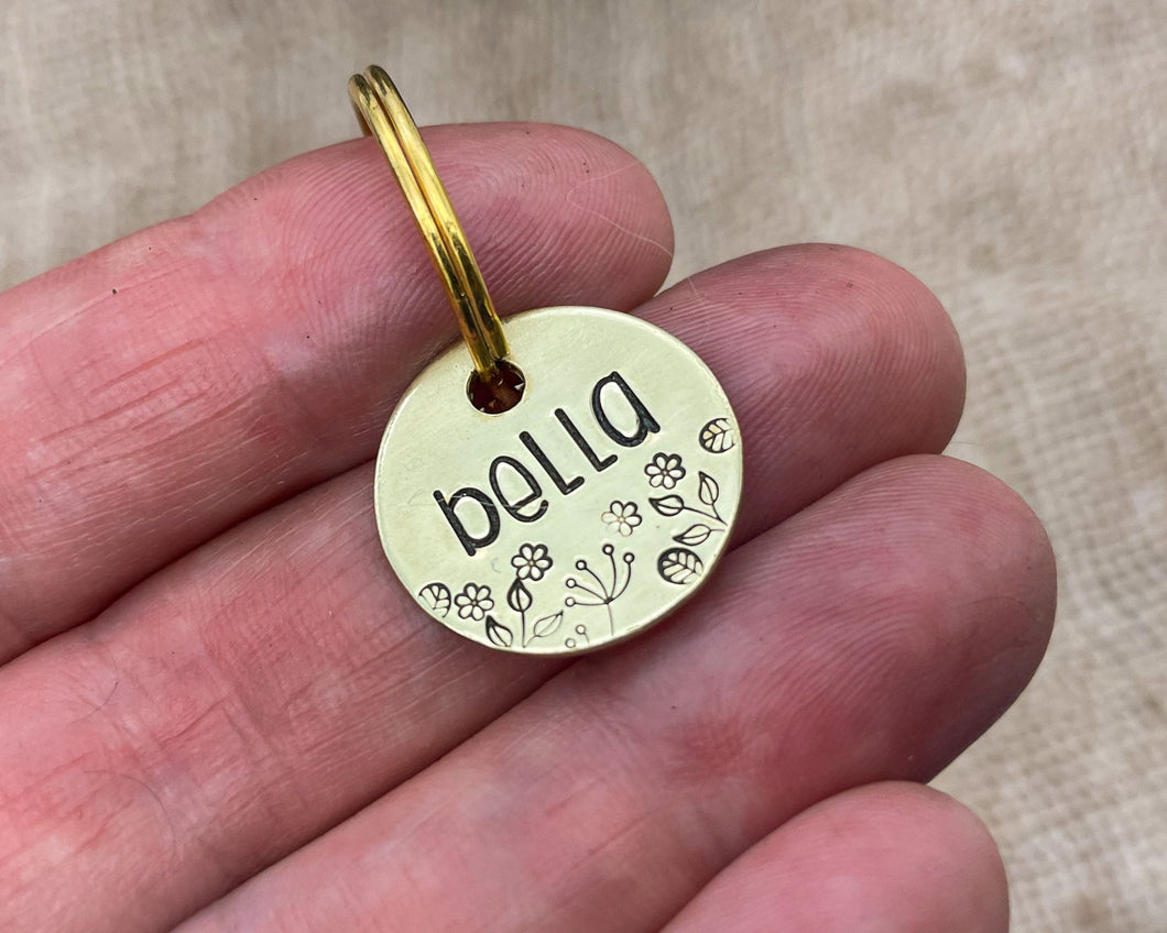 Cute cat name tag, hand stamped leaf and flower design