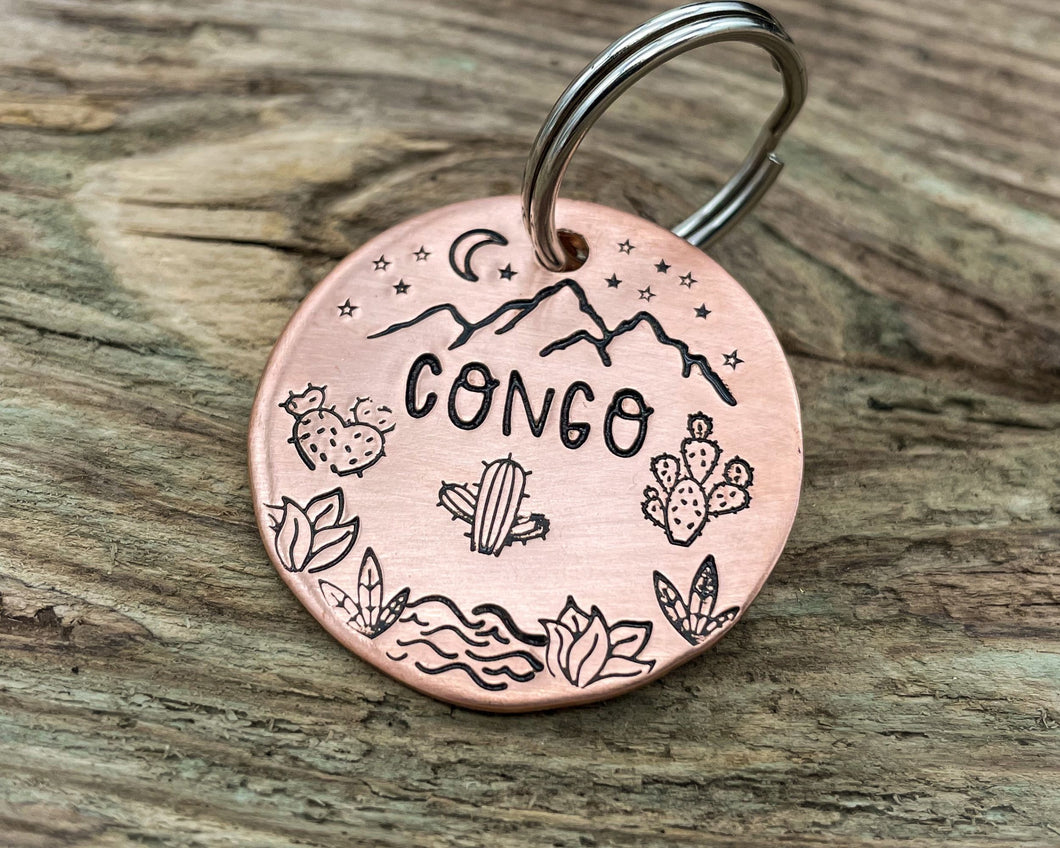 Mountain dog tag, hand-stamped with river, cactus and stars