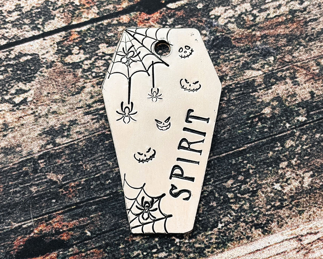 Coffin dog id tag with spooky spiderweb design, double-sided pet id tag with 2 phone numbers