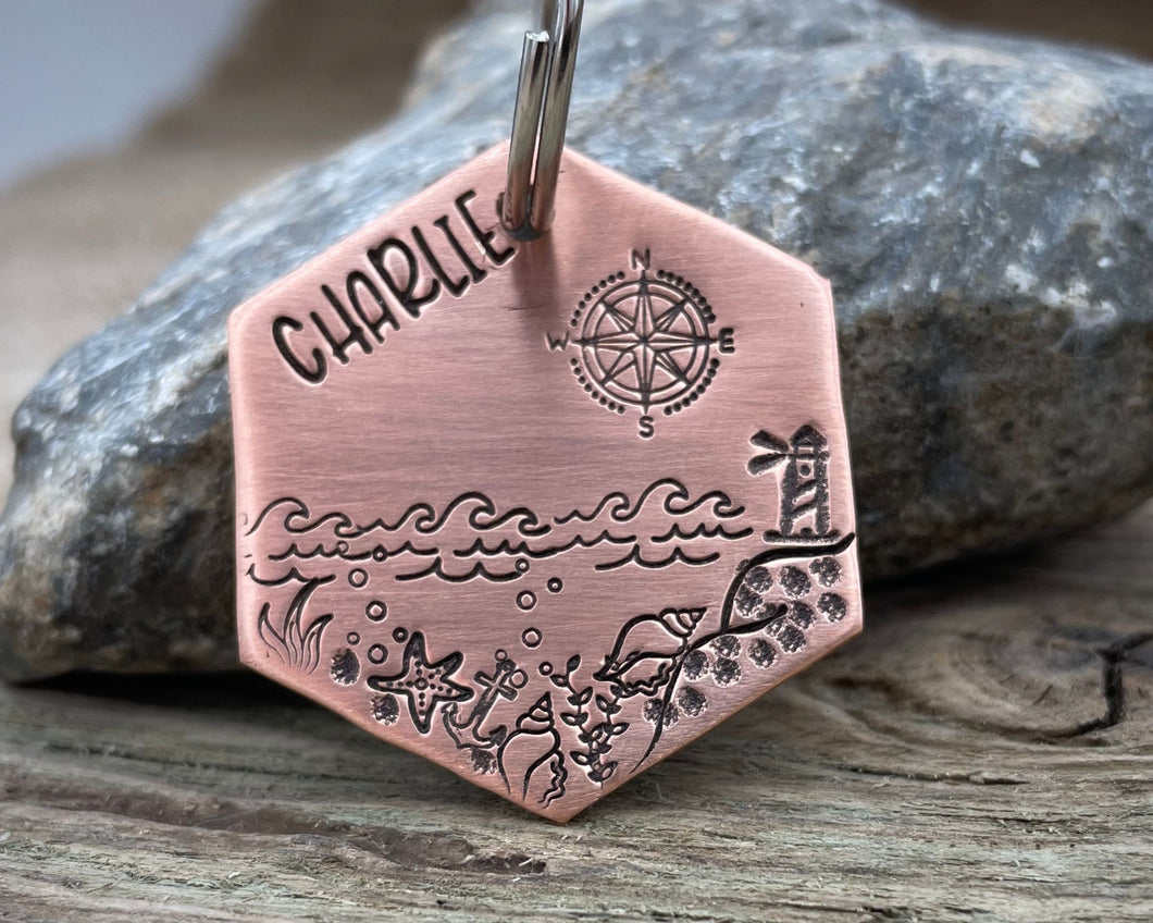 Hexagon dog tag, hand stamped with nautical design, compass & lighthouse