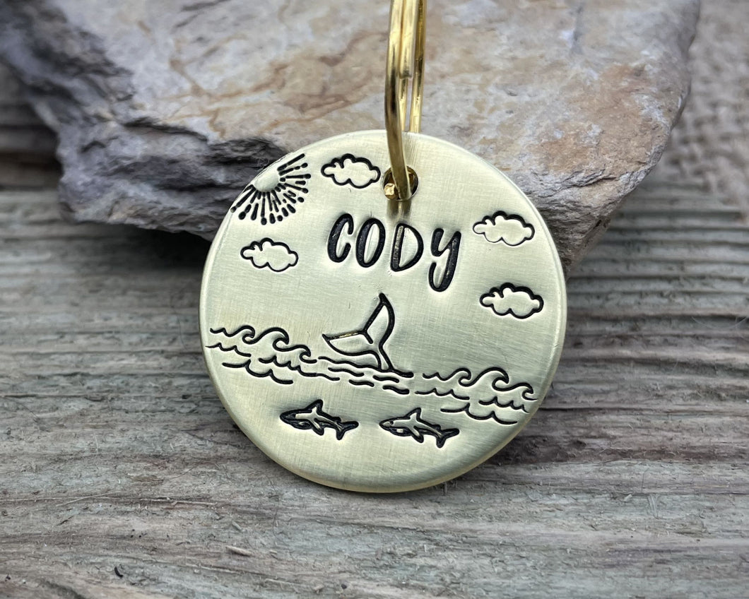Dog id tag, hand stamped with ocean design, whale & sharks