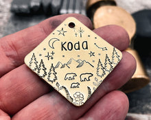 Load image into Gallery viewer, square brass dog id tag with bear family
