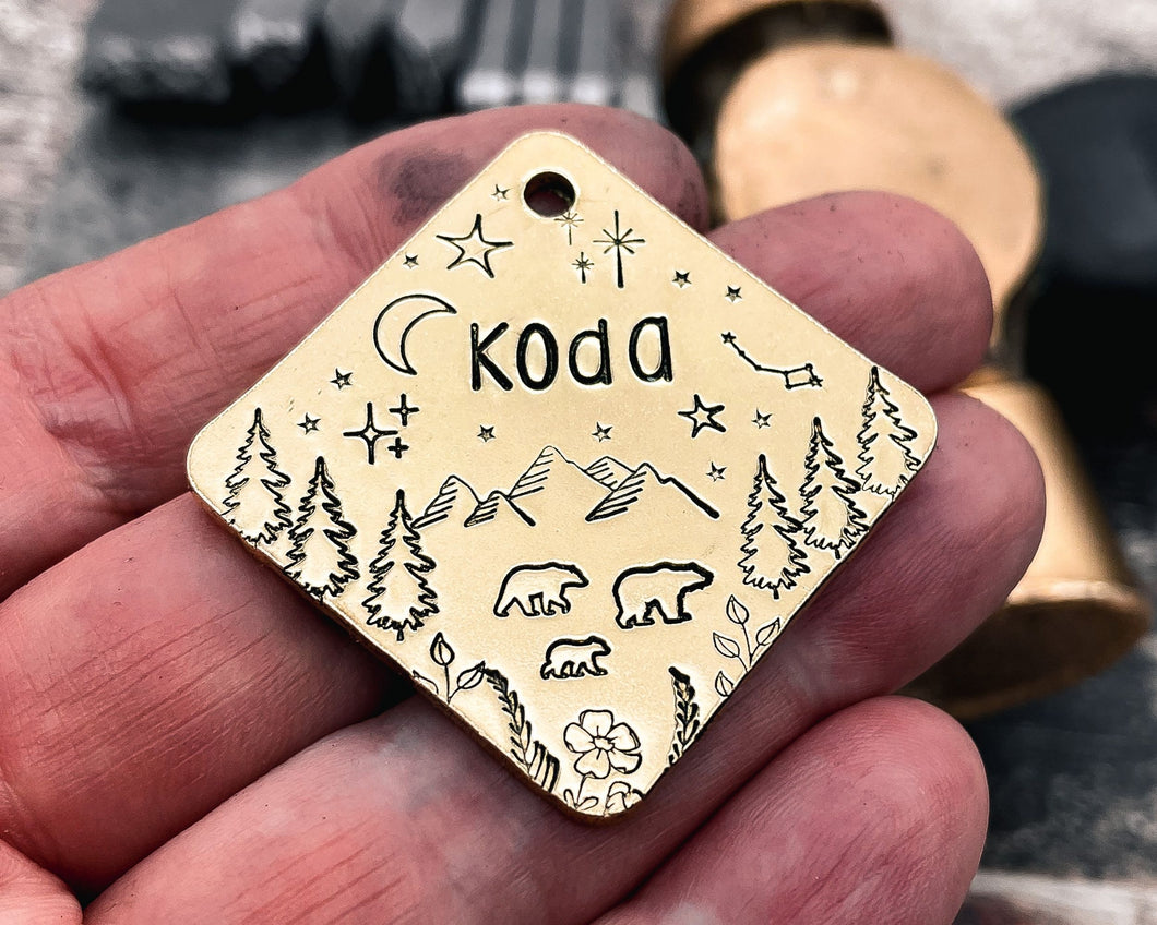square brass dog id tag with bear family