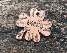Load image into Gallery viewer, Shamrock pet name tag, hand stamped dog tag with leaf design
