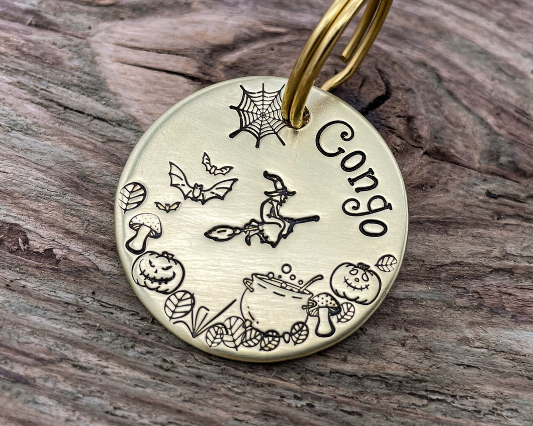 Halloween dog tag with cobwebs and witch