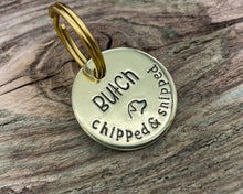 Load image into Gallery viewer, Microchipped dog tag, hand stamped with &#39;chipped &amp; snipped&#39;
