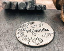 Load image into Gallery viewer, hand stamped dog id tag with ocean and mermaid design
