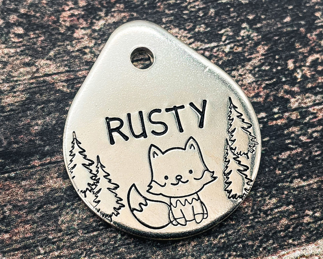 Cute foxdog tag, tear drop pet id tag with trees and fox design, double-sided dog tag with 2 phone numbers