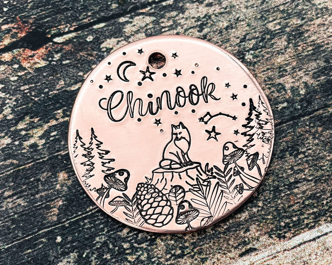 fox dog id tag with forest design and phone numbers