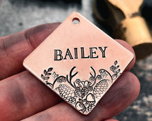 Load image into Gallery viewer, hand-stamped dog tag with hunting design
