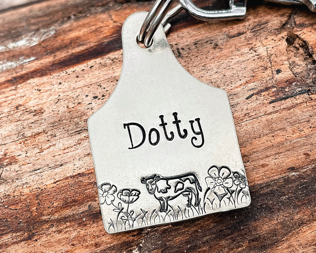 Custom dog id tag, cow ear tag, hand stamped pet id tag with cute cow and flower design